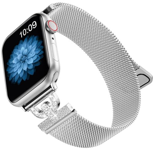Faliogo Métal Bracelet Compatible avec Bracelets Apple Watch 40mm 41mm 38mm Femme, Bracelet en Magnétique avec Diamants pour Apple Watch SE/iWatch Series 9 8 7 6 5 4 3 2 1 Ultra, Argent