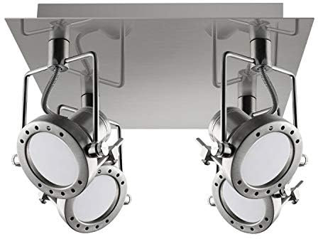 LED Deckenleuchte mit 4 schwenkbaren Spots für austauschbare Leuchtmittel Deckenlampe in Edelstahl-gebürstet-Optik inkl. Montagematerial und LED Leuchtmittel DIMMBAR warmweiß GU10 230V (Modell: SP4)