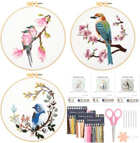 JSRQT 3 Stück Embroidery Set Stickerei Kit Vögel Blumen Gestempeltes Starter für Anfänger Erwachsene Stick Kreuzstich Cross Stitch für DIY Kunst Handwerk
