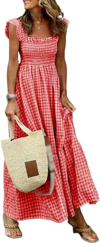 Qizaitz Robe longue d'été à smocks à carreaux multicolores pour femme, Rouge, XXL