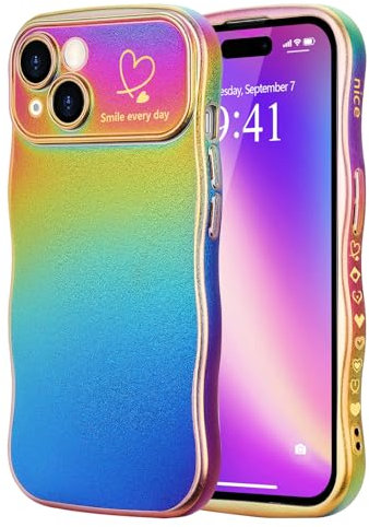 LCHULLE for iPhone 15 Case for Women Girls,Cute Rainbow Colorful Wave Frame Curly Shape Love Heart Pattern Gradient Cover,Shockproof Camera Protection Phone Case for iPhone 15,Dark Purple