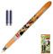 MICKEY MOUSE Fountain Pen with BLUE Ink Cartridges, Iridium Medium Nib, ORANGE Body, Pack of 1, Liquid Ink System, Smooth Writing, iZOFAX Black Ball Pen