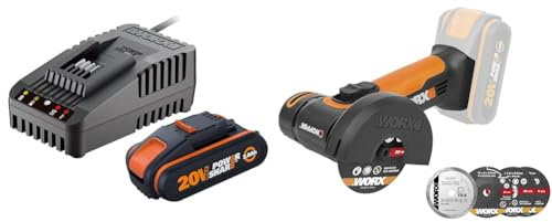 WORX - Kit de démarrage pack Batterie et chargeur rapide 20V - PowerShare - WA3601 & Mini meuleuse d'angle sans fil 20VChopper - WX801.9 - ⌀ 76 mm