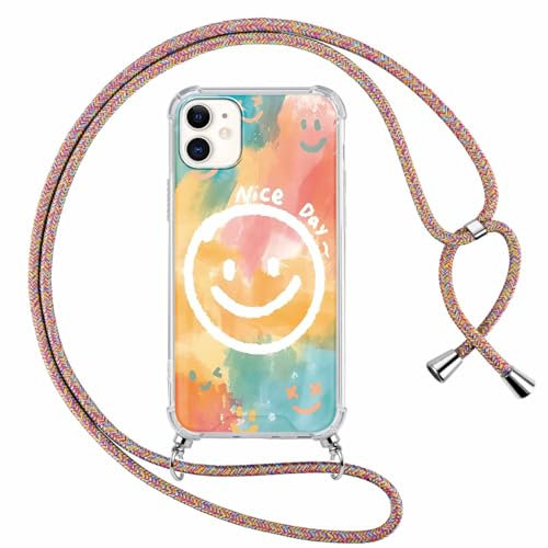 Foonary Handykette Handyhülle für iPhone 11 6,1 Hülle mit Band, Transparent Aesthetic Smiley Muster Case, Silikon TPU+PC Schutzhülle Necklace Cover mit Schnur Kordel zum Umhängen für iPhone 11,01