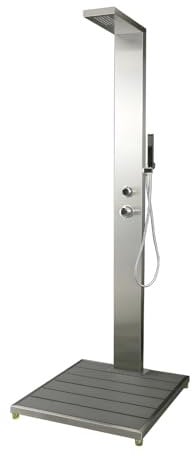 RUBINETTERIA Colonna Doccia da Esterno Cedro Acqua Calda Fredda Piscina Giardino a Pavimento Pedana Antiscivolo Acciaio Inox e WPC (Doccia da Esterno Cedro)