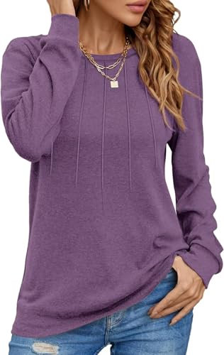 Damen Pullover Lässig Langarmshirt Elegant Herbst Winter Rundhals Sweatshirt Langarm Shirts Loose Plissee Oberteile Lila M