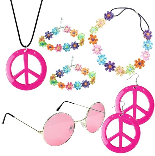 GIEEU 7 Stück Hippie Kostüm Set,60er 70er Jahre Hippie Kostüm Zubehör,Damen Hippie Accessoires mit Vintage Runde Brille,Friedenszeichen-Halskette und Ohrringe,Gänseblümchen Kopfschmuck und Armband