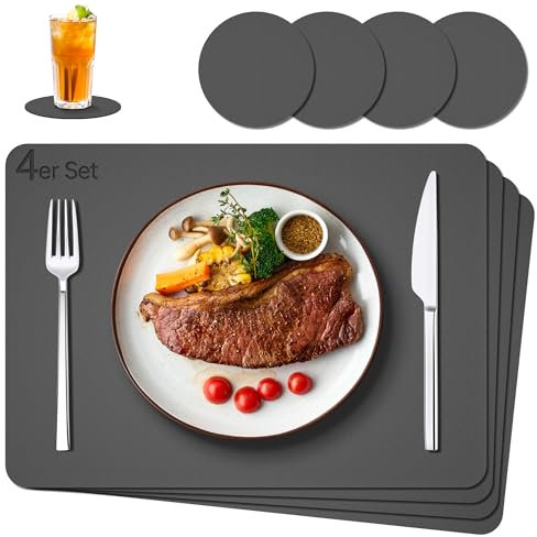 IKWOLETI Tischsets Abwaschbar mit Untersetzer - 4er Set Platzsets Abwaschbar aus Kunstleder - Doppelseitige Platzdeckchen in Lederoptik - Ideal für Küche und Büro Dunkelgrau