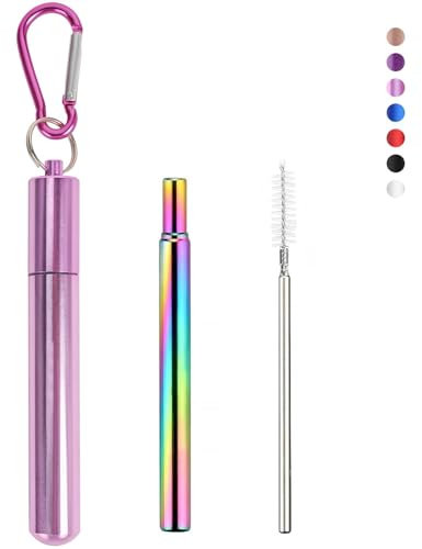 Foweroty 1 Pack Collapsible Stainless Steel Drinking Straws, Metal Reusable Straws, Travel Retractable Straws with 1 Aluminum Case, 1 Cleaning Brush, and 1 Keychains, Cruise Ship Essentials(Pink)