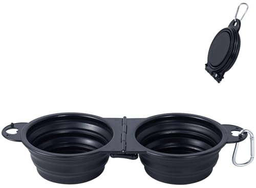 SLSON Collapsible Dog Bowls Foldable Dog Dual Bowl Travel Water and Food Bowls,Sturdy Reinforced Rim Portable Pet Feeder Cat Bowl for Walking Hiking Outdoors (black)