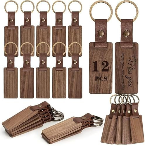 Shockassist Schlüsselanhänger Holz 12pcs Rohlinge Schlüsselanhänger leder, Anhänger mit Schlüsselring, für Lasergravur, DIY verschiedene Schlüsselanhänger personalisiert