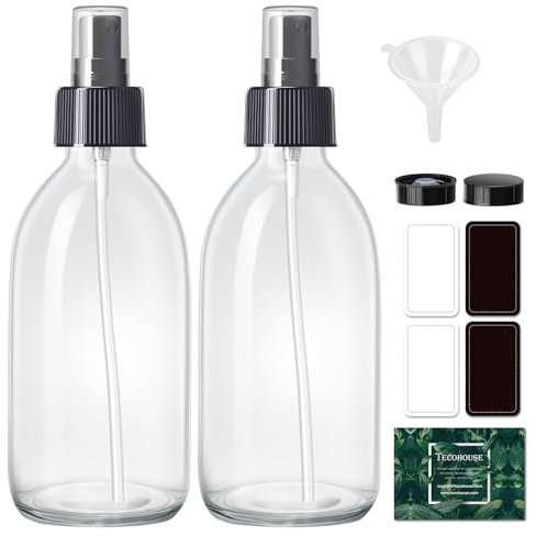 Tecohouse Paquete de 2 botellas de vidrio con atomizador, botellas de vidrio pequeñas de 250 ml para soluciones de limpieza, botellas de spray para aceites esenciales, plantas, con boquilla duradera,