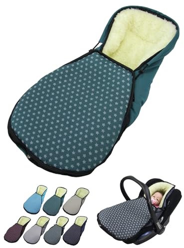 BambiniWelt Winterfußsack für Babyschale – kompatibel mit Maxi Cosi Gruppe 0+ – aus Lammwolle, verstellbar & waschbar – Fußsack Kinderautositz mit 3-Punkt-Gurtsystem, Farbe: Sterne olive