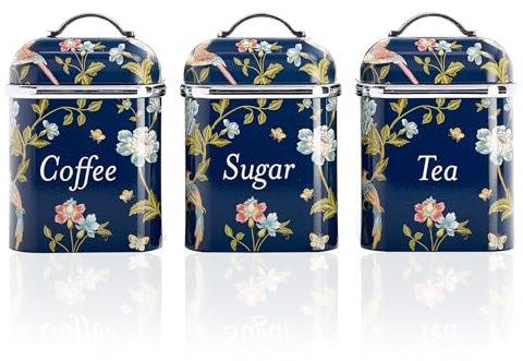 VQ Laura Ashley Tea Coffee and Sugar Canisters Set of 3 Stainless Steel Tea Sugar and Coffee Containers Set with Removable Lids - Printed Storage Jars & Kitchen Canisters - Elveden Navy