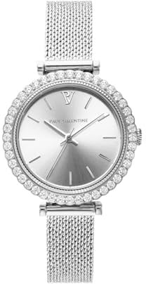 PAUL VALENTINE – Damenuhr Symphonia Silver rund 32mm – Stilvolle Uhr mit Zirkonia-Steinen, Mesh-Armband & Edelstahlgehäuse – Armbanduhr 5atm wasserfest – Womens Watch Frauen
