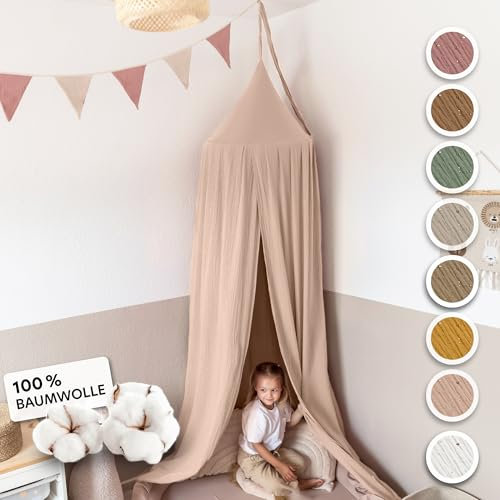 lilimaus Baldachin Kinderzimmer mit Goldapplikation [in 12 Farben] Betthimmel aus 100% Baumwolle Musselin Mädchen & Jungen - Babybett Himmel als Babyzimmer Deko - Vorhang für Kinderbett, Kuschelecke