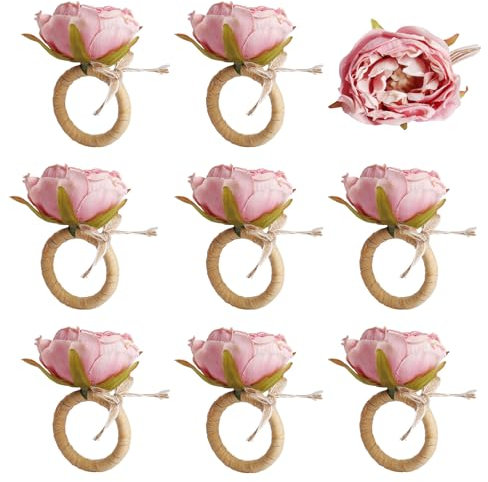 Getfitsoo Blumen Serviettenringe 8er Set, Handgemachte Rosa Rose Serviettenringe mit Jute Fliege Rustikaler Abendessen Serviettenhalter für Valentinstag, Hochzeit, Abendessen, Partys Tischdekoration