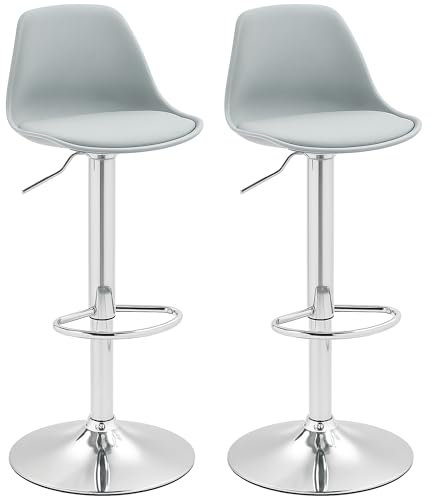 HOMCOM Barhocker 2er Set, Gepolstert Barstuhl mit Stahlgestell, Lehne, aus Kunstleder, Höhenverstellbar Küchenstühle mit Fußstütze 360° Drehbar Tresenhocker für Küche, Wohnzimmer, Esszimmer Grau