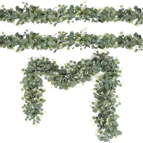CLIUNT 2 Stück Eukalyptus Girlande, 180cm Girlande Eukalyptus Deko, Künstliche Pflanze Girlande, mit Weidenblättern Grüne Blätter Weiße Blume, Eukalyptusranke für Hintergrund, Hochzeit Bogen