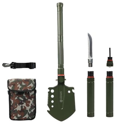 Dönges Multifunktionaler Klappspaten inkl. 3 Längen | Kombi Schaufel aus rostfreien Edelstahl | olivgrüne Klappschaufel für Survival, Wandern, Camping | Survival Ausrüstung mit camouflage Tragetasche