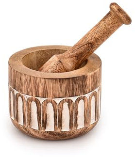 Indus Lifespace Mortier et pilon en bois de manguier, parfait pour broyer des herbes, ail et mortier - 10,2 x 7,6 cm, pilon - 14 cm