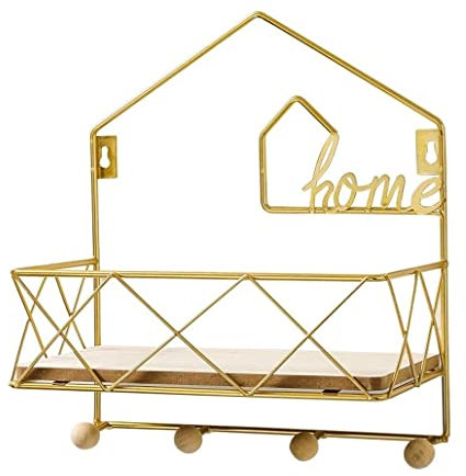 GAOJUNAN Schlafzimmer Garderobenhaken Nordic Eisen Kleiderhaken Multifunktionsschlüssel Hut Kleinigkeiten Rack Kleiderbügel Holz Wanddekoration Haken Aufbewahrungshalter Kleiderhaken Wand(House-gold)