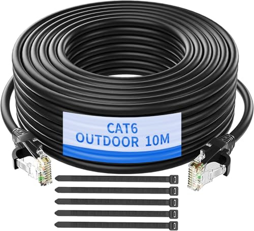 Gulaey Outdoor Indoor Cat6/Cat6e Ethernet Cable,Water Resistant Direct Burial LLDPE UV Jacket - 23AWG 10Gbps High Speed Gigabit Internet Network Cable with 50 Ties,Weatherproof for Router Modem(10M)