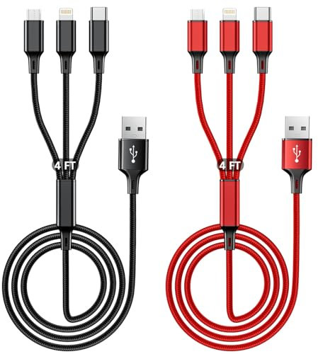 Multi Charging Cable 2 Packs, 3A 3 in 1 Fast Charging Cord,1.25M Nylon Braided Multiple USB Cable with iP Micro USB Type C Port for iPhone,Samsung,PS4, Tablet, Xiaomi and More(Red+Black)