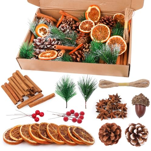 Joxessaien 198 Stück Weihnachtskranz Deko Set – Adventskranz Zubehör mit getrockneten Orangenscheiben, Zimtstangen, Sternanis, Walnüssen, Öl-Kiefernzapfen, Beeren, Tannenzweigen & Juteseil