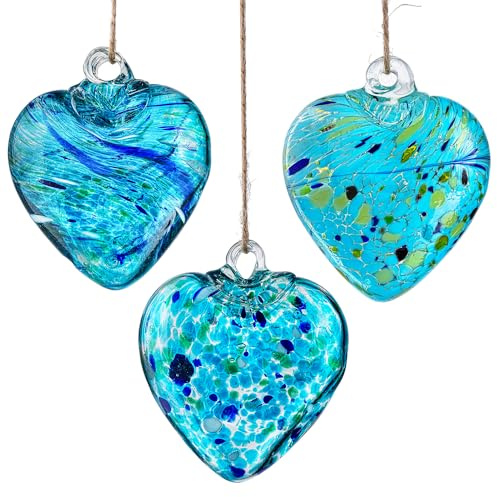 3 Pcs 7.5cm Blue Blown Glass Heart Hanging Ornament Christmas Tree Decor