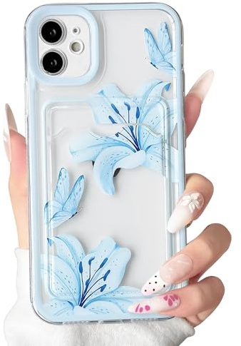 NITITOP for iPhone 11 Case Clear Cute Lily Flower Wallet, Blue | for Women Girls, Floral Butterfly Pattern, with Card Holder, Color Frame, Soft TPU Shockproof Cover, Full Camera Protection