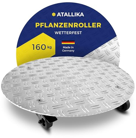 ATALLIKA® Pflanzenroller rund aus Alu-Riffelblech [Ø 20 cm] - Rollbrett mit Feststellbremsen für Pflanzen- & Blumenkübel [bis 160 kg] - rutschhemmend & wetterfest [für Outdoor & Indoor]