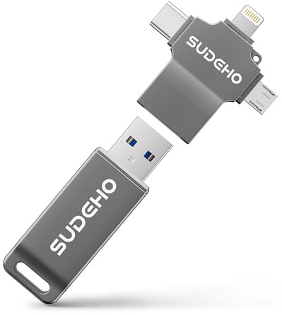 SUDEHO MFi Certified USB Stick 128GB for iPhone, 4-in-1 Flash Drive with USB 3.0 High-Speed, Multi-Device Memory Stick for iPhone/iPad/Android/PC/Mac, Easily Back Up Photos, Videos & Music, Black