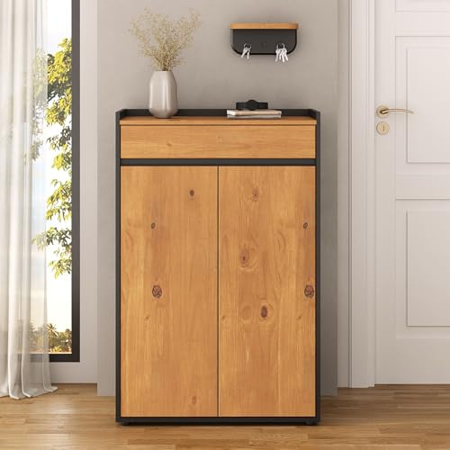 Schuhschrank TILO mit Schublade, Schwarz/Eiche farben – moderner Schrank mit Fronten aus Kiefer Massivholz, 4 Einlegeböden für ca. 14 Paar Schuhe, stabile Metallschienen, pflegeleichte Oberfläche