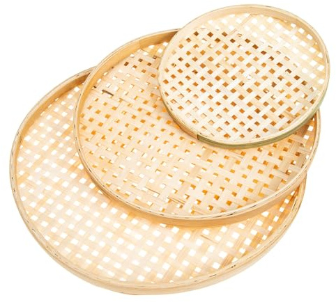 UKCOCO 3 pièces Lot de Paniers Bambou Naturel Tressé Main Plateau Multifonctionnel Empilable pour Rangement et Divers Accessoire Pratique pour Cuisine et Maison