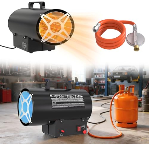 UISEBRT Heizgeräte Gas, 10 KW Gasheizer Gasheizgebläse Thermostat, Heißluftgenerator,Schwarz (220V-240V, Propan/Butan-Flaschen, mit Druckminderventil und Gasschlauch)