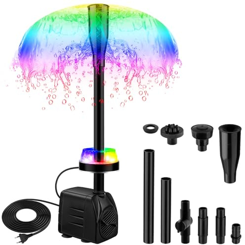 NATPOW Springbrunnenpumpe Aussen mit LED, RGB Teichpumpe für Miniteich, Aquariumpumpe mit 3M Kabel, 3 Wechselnden Farben, 3 Düsen, 800L/h 15W Gartenbrunnen Pumpe Klein für Gartenteich, Wasserfall