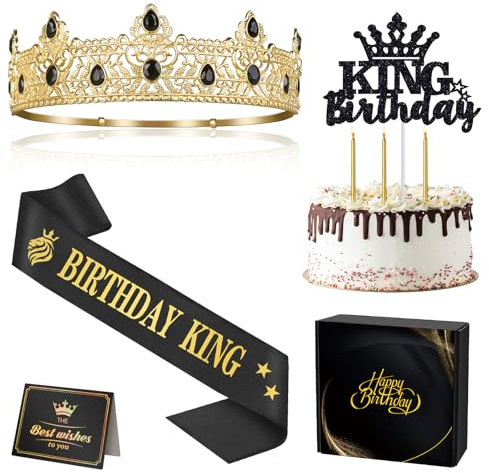 Birthday Decorations for Him - King Crown, Sash, Balloon Birthday Gift | Adjustable Metal Crown, Satin Sash, King Cake Topper, Gold Candles, King Birthday Decoration, Birthday Gifts for Men