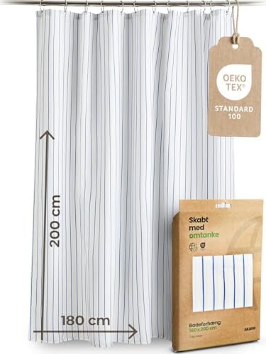 Skabt med Omtanke Duschvorhang Loja Blau Weiß 180 x 200 cm | Oeko-TEX® Standard 100 Zertifiziert & 50% recyceltes Polyester | Gestreifter Textil Badvorhang 170 GSM für modernes Bad