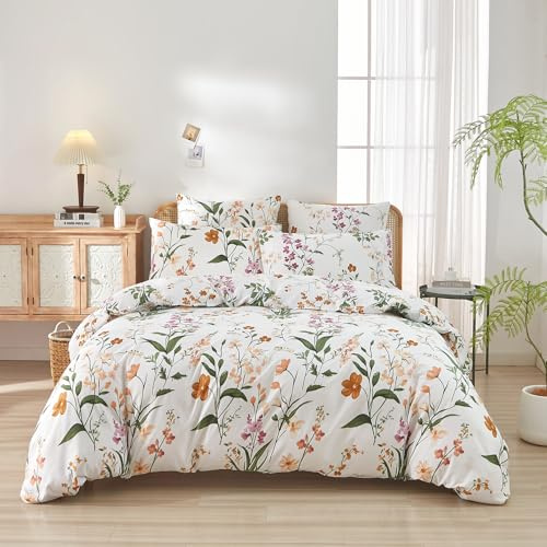 Boqingzhu Blumen Bettwäsche 135x200 cm Weiß Orange Lila Aesthetic Pflanzenmuster Mikrofaser Bettbezug mit 1 Kissenbezug 80x80 cm, Bettwäsche Frühlings mit Lebendigem Floralmotiv