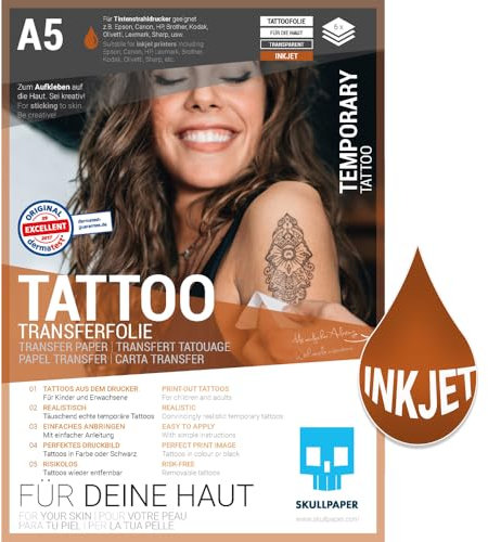 SKULLPAPER® temporäre Tattoo-Transferfolie FÜR DIE HAUT - SEHR GUT getestet - für Tintenstrahldrucker (A5-6 Blatt)