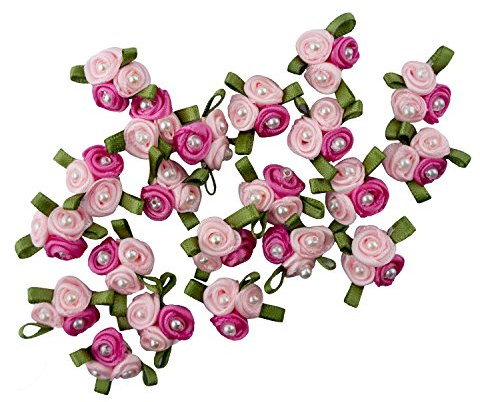 HAND Pretty 3 Pearls Dark & Light Pink Ribbon Roses Trims for Clothing and Accessory Embellishment - Pack of 20