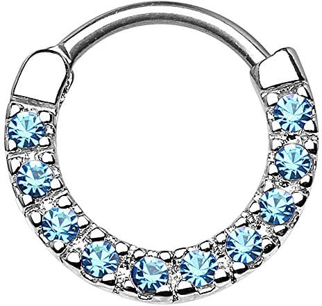 Piercingfaktor Universal Piercing Scharnier Schild Ring Tribal Vintage mit Strass Kristall Septum für Tragus Helix Ohr Nase Lippe Intim Nippel Silber Aqua 1,2mm