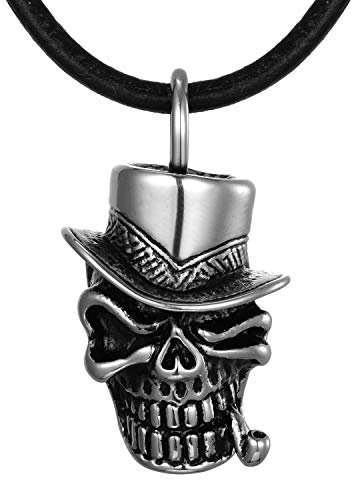 DonDon Herren Leder Halskette 50 cm Zylinder-Totenkopf mit Pfeifen Anhänger Edelstahl im Schmuckbeutel