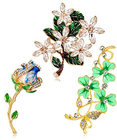 Unigift Lot de 3 broches en forme de fleurs vintage trèfle rose blanche avec feuilles vertes écharpe en soie et strass pour fête ou cadeau femme