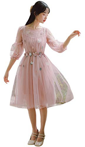 Damenkleid aus Netzstoff, Blumen, halblange Ärmel, zweiteiliges Prinzessinnenkleid, rose, Einheitsgröße
