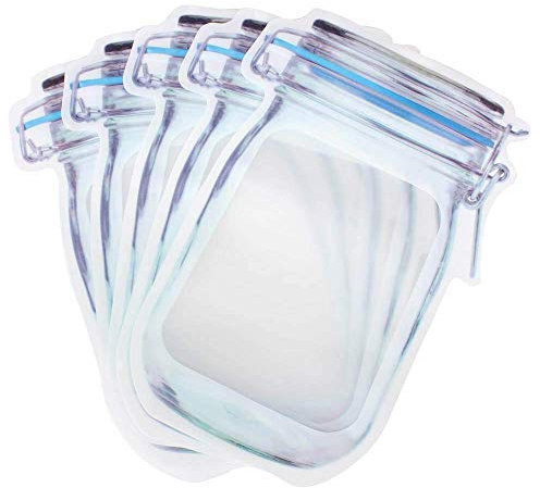 50Pcs Mason Jar Pattern Food Storage Bag Reusable Portable Stand Up Smell Proof Ziplock Bags Snack Saver Container Retail Package Bag Frosted Pouches Blue 9.6×6.7in (24.5×17.5cm)