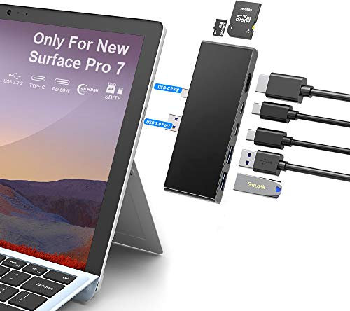 Surface Pro 7 Docking Station, 7-in-2 Surface Pro Hub Adapter Mit 4K HDMI, 2USB C PD Aufladung, 2USB3.0, SD / MicroSD-Kartenleser, für Microsoft Surface Pro 7-Zubehör, MS Surface Pro-Docking Station