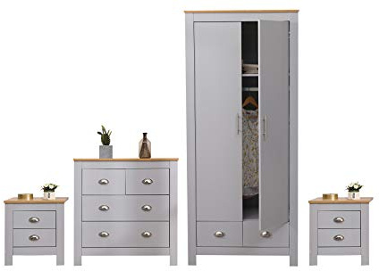 Kingwudo® Grey Bedroom Furniture 4 Piece Set(2 Drawer Night Stand*2/2+2 Drawer Chest/2 Door 2 Drawer Wardrobe) Modern Simple,45x35x48cm/79x35x81cm/79x49.5x180cm