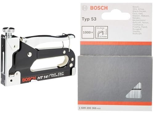 Bosch Professional HT 14 Handheld Tacker (Wood, Staple Type 53) + Fine Wire Staples Type 53 (Textiles, Carton, 114mm x 074mm x 10mm, Accessories for Joining)